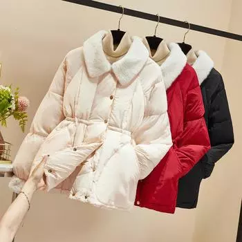 Пуховая женская зимняя куртка 2024 года с хлопковой подкладкой, новая взрывная куртка с воротником из овечьей шерсти, сращивание на талии, маленькая ароматная куртка с хлопковой подкладкой S [80-52.5 kg]