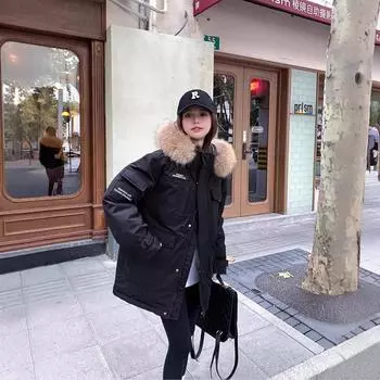 Пуховик 2024 зима новая корейская версия большой меховой воротник свободный мужской и женский Parker tooling утолщенная теплая куртка XS 80-50kg