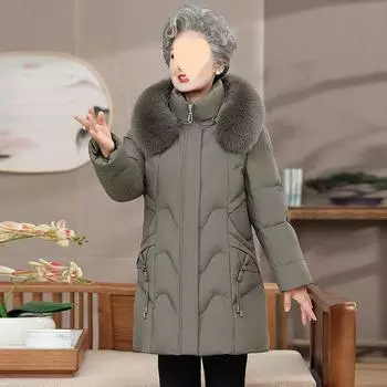 Пуховик бабушки средней и длинной длины, утолщенный теплый зимний меховой воротник, новая зимняя куртка на утином пуху для людей среднего и пожилого возраста XL [Recommended 90-55kg]