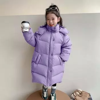 Пуховик белый гусиный пух длинный корейский стиль зимняя одежда для детей среднего возраста утолщенное пальто с капюшоном модное хлопковое пальто 100cm фиолетовый