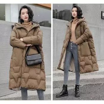 Пуховик большого размера с карманами, осенне-зимний женский теплый толстый белый утиный пуховик, женская длинная парка с капюшоном, пуховик One Size белый