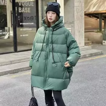 Пуховик большого размера женская одежда корейская версия простого повседневного дизайна среднее и длинное пуховое свободное теплое простое пальто One Size чёрный
