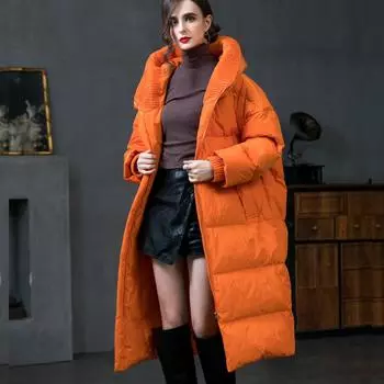 Пуховик большого размера женский утолщенный и удлиненный зимний новый 100-110 кг носить супер свободную куртку до колена 36 S чёрный