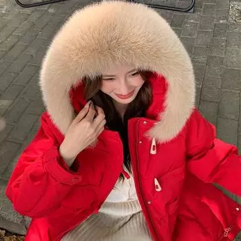 Пуховик длинный женский осень-зима 2024 новая корейская версия свободный утолщенный белый утиный пух большой меховой воротник с капюшоном куртка прилив S розовый