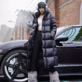 Пуховик длинный женский зимний новый черный золотые буквы белый утиный пух мужское и женское утепленное пальто до колена S (recommended weight within 45 kg) чёрный