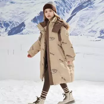 Пуховик для девочек из хлопка, стильная удлиненная хлопковая куртка, зимнее детское зимнее пальто 120cm хаки