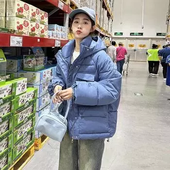 Пуховик для девочек, осенне-зимняя одежда 2023, новый стиль, свободная куртка с капюшоном S синий