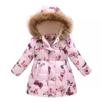Пуховик для девочек с цветочным принтом и флисовым капюшоном, идеально подходит для зимы, теплый и стильный 150