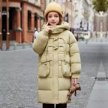 Пуховик для девочек средней длины с капюшоном, зимнее утолщенное теплое пальто для девочек 130cm чёрный