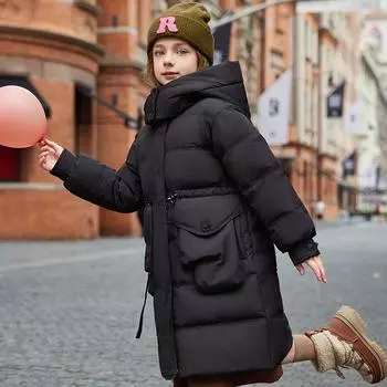 Пуховик для девочек средней длины, теплое стильное зимнее толстое белое пуховое пальто 130cm фиолетовый