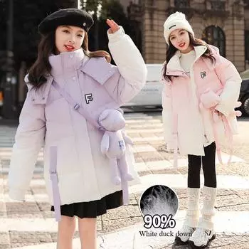 Пуховик для девочек, зимнее новое детское утепленное пальто, детская одежда на белом утином пуху, теплое хлопковое пальто 120cm розовый