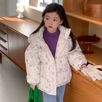 Пуховик для девочек Зимняя одежда Маленький свежий цветочный капюшон с белым утиным пухом Теплая куртка Tide 90cm(88g) белый