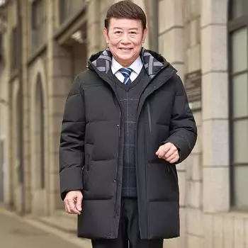 Пуховик для людей среднего и пожилого возраста, средней длины, с капюшоном и большим меховым воротником, простое повседневное водонепроницаемое теплое пальто M