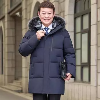 Пуховик для людей среднего и пожилого возраста, средней длины, с капюшоном и большим меховым воротником, простое повседневное водонепроницаемое теплое пальто M