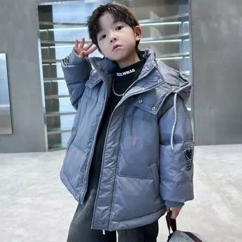 Пуховик для мальчика, зимнее утепленное пальто с капюшоном 110cm серо голубой