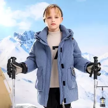 Пуховик для мальчиков средней длины, толстая зимняя детская зимняя одежда, стильное детское пальто для мальчиков 120cm синий