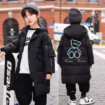 Пуховик для мальчиков средней длины, зимняя новая стильная модная теплая куртка со светоотражающим медведем 120 чёрный