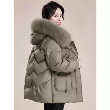 Пуховик для мам, женский, 2024, новый утолщенный иностранный стиль, зимняя свободная куртка для женщин среднего и пожилого возраста, большой размер, повседневная теплая куртка XL recommends 90-52.5kg оливковое зеленый