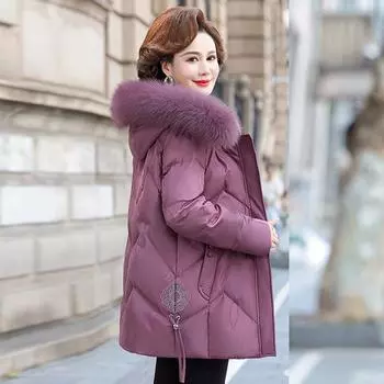 Пуховик для мамы среднего возраста, женский, зимний, новый стиль, воротник из натурального меха лисы, теплая куртка средней длины на утином пуху XL