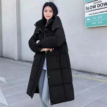 Пуховик для женщин Длинная зимняя новая свободная утолщенная хлопковая куртка теплая стеганая куртка M чёрный
