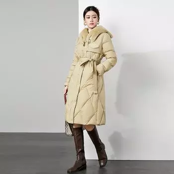 Пуховик из белого утиного пуха, зимняя мода, средний и длинный стиль, высококачественный меховой воротник, новая талия, женская хлопковая куртка S чёрный