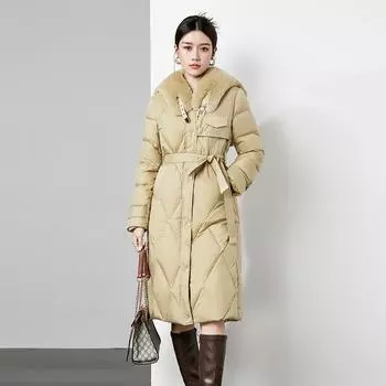 Пуховик из белого утиного пуха, зимняя мода, средний и длинный стиль, высококачественный меховой воротник, новая талия, женская хлопковая куртка S