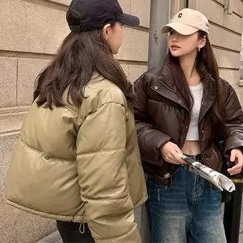 Пуховик из хлопка для женщин, новая зимняя одежда, корейское свободное маленькое стеганое пальто, женское, большого размера, короткая легкая парка из искусственной кожи S зелёный