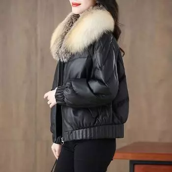 Пуховик из натуральной кожи Haining, женская овчина, новинка 2024 года, короткая зимняя кожаная куртка, золотистая островная лиса M 95-110 чёрный