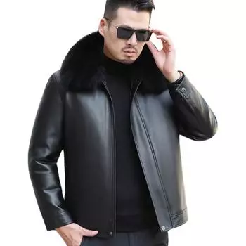 Пуховик из натуральной кожи, кожаная куртка, мужская повседневная утолщенная куртка с лацканами, зимнее пальто M чёрный