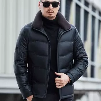 Пуховик из натуральной кожи Мужская куртка Пуховик Мужская свободная куртка Daddy с лацканами Кожаная куртка большого размера M