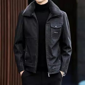 Пуховик из натуральной кожи, мужская куртка с короткими лацканами, утолщенный пуховик для папы, куртка из овчины среднего возраста L