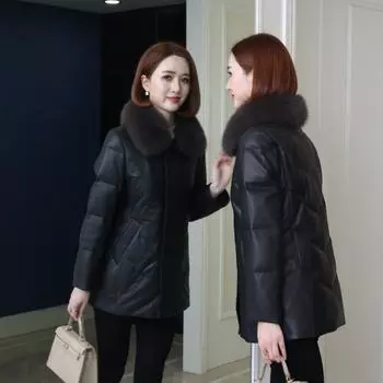 Пуховик из натуральной кожи женский средней длины, новый стиль, зимняя куртка из овчины для мам, утолщенный, для похудения, гусиный пух L