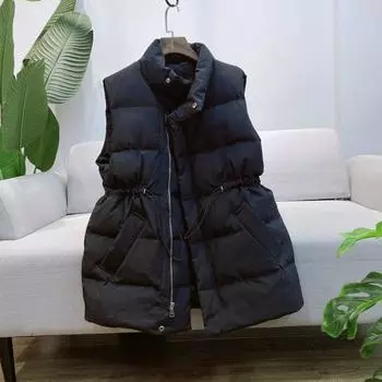 Пуховик короткий жилет с завязками на талии белый утиный пух мода 2024 осень и зима новый утолщенный жилет прилив S чёрный