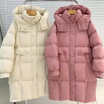 Пуховик M женский, средний и длинный, 2024, зима, новый, с капюшоном, утолщенный, теплый, белый, пуховик, большой размер S розовый