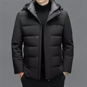 Пуховик, мужская новая зимняя теплая утолщенная куртка с капюшоном, повседневная деловая куртка на белом утином пуху, модная M темно-синий
