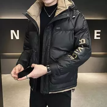 Пуховик мужское зимнее пальто новое утолщенное с капюшоном утиное пуховое пальто короткое красивое принтованное зимнее пальто M