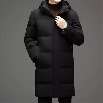 Пуховик мужской длинный выше колена утолщенный белый утиный пух куртка для активного отдыха M темно-синий