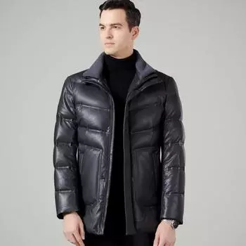 Пуховик мужской из овчины с воротником-стойкой кожаная куртка зимняя одежда для папы кожаная куртка среднего возраста утолщенная теплая куртка на утином пуху 170