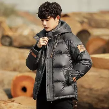 Пуховик мужской короткий зимний легкий модный бренд свободный подростковый тренд утолщенный капюшон куртка XL чёрный