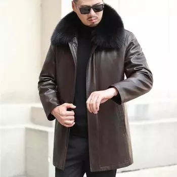 Пуховик мужской кожаный куртка мужской большой размер утолщенный папина одежда средней и длинной длины M