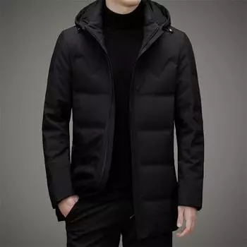 Пуховик мужской осенне-зимний средней длины с капюшоном, деловой теплый пуховик для мужчин M чёрный