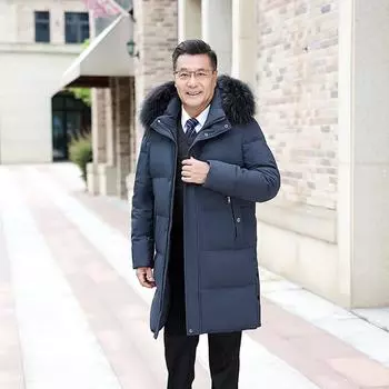 Пуховик мужской средней длины с большим меховым воротником, утолщенный, облегающий, модный, свободный, пуховик M белый