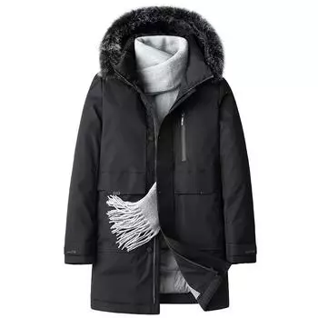 Пуховик мужской утолщенный средней длины серый утиный пух лисьего меха воротник пуховик утепленный модный куртка для мужчин M чёрный