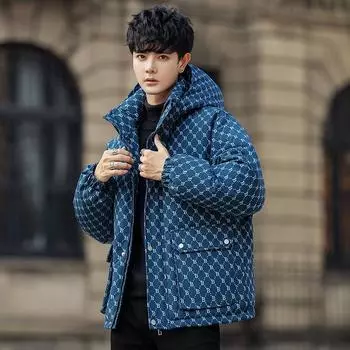 Пуховик мужской зимний короткий с капюшоном модный белый утиный пух пара утолщенный теплый молодежный пуховик M