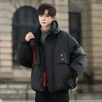 Пуховик мужской зимний молодежный новый модный бренд с капюшоном спортивная студенческая куртка инструментальная короткая модная M чёрный