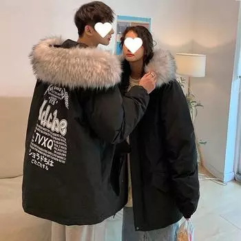 Пуховик мужской зимний новый гонконгский стиль свободный корейский стиль среднее и длинное пальто национальный тренд пара рабочая одежда M чёрный