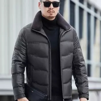 Пуховик мужской зимний утолщенный теплый из натуральной кожи для мужчин среднего и пожилого возраста пуховик большого размера куртка для папы свободный M