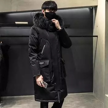 Пуховик мужской зимняя куртка средней длины с большим меховым воротником и отделкой выше колена, толстая теплая и морозостойкая куртка XS озеро синий