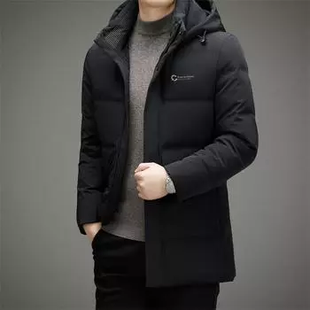 Пуховик мужской зимняя мужская одежда средняя и длинная утолщенная повседневная новая пуховик с капюшоном M чёрный