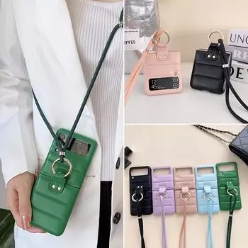 Пуховик на воздушной подушке, кольцо-держатель, плечевой ремень, ремешок, чехол для телефона из искусственной кожи для Samsung Galaxy Z Flip 5 4 Z Flip 3 5 5G, чехол Samsung Z flip 3 чёрный